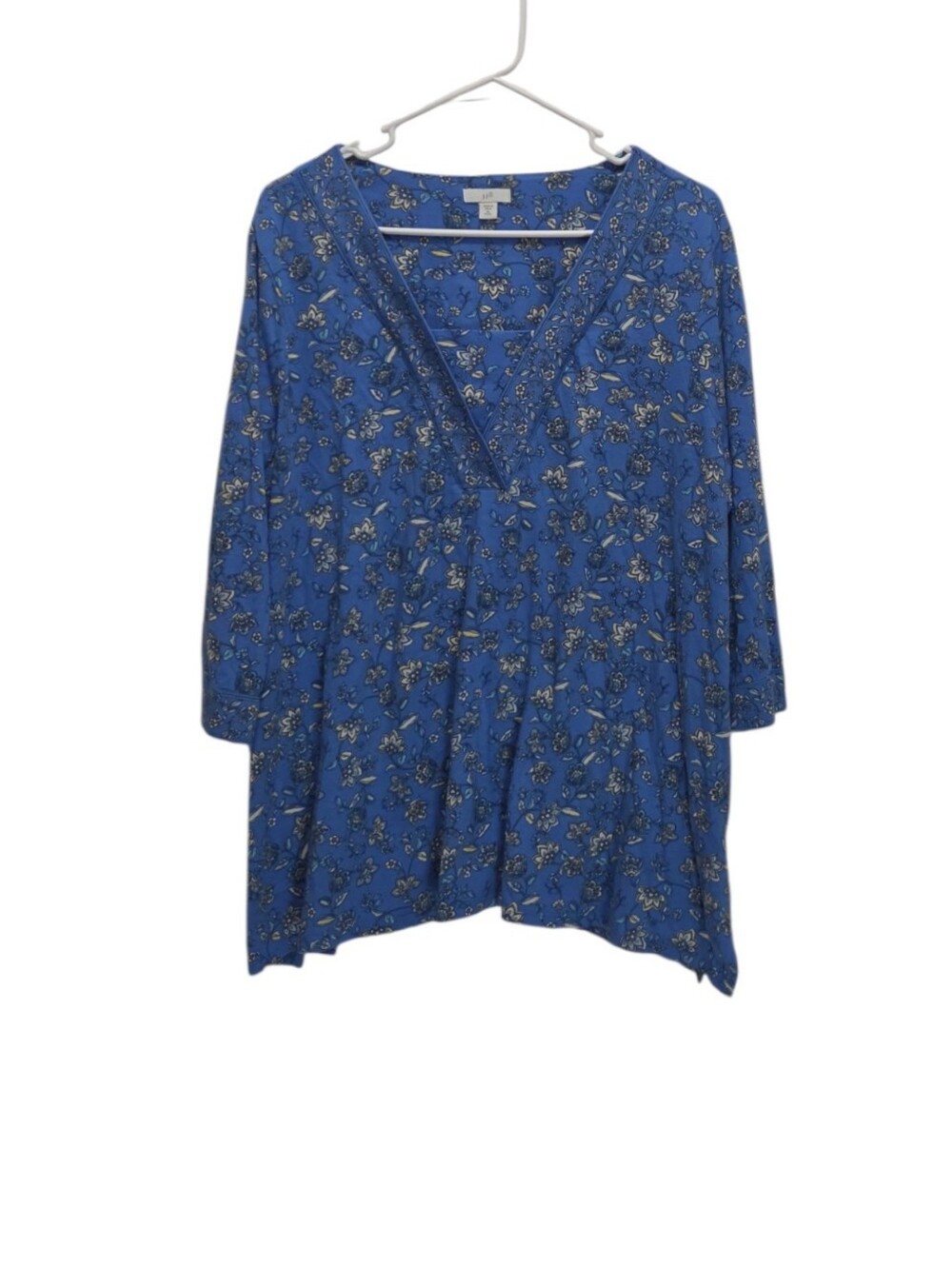 J Jill XL Petite Blue Floral Cotton Tencel Modal V Neck Tunic Top 3/4 Sleeve